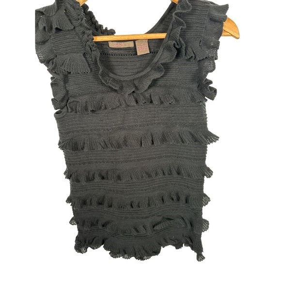 Vintage Y2K Womens Top Black Sleeveless Medium Heather B Ruffled Knit Cotton - Picture 7 of 11